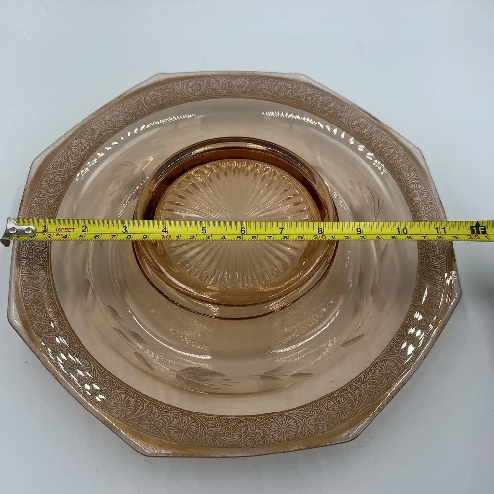 VTG Pink Depression Glass Chip & Dip Set‎ / Console Bowl Etched Scroll Rim